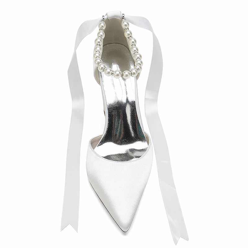 Closed toe lace up bridal shoes with elegant pearl detailing and satin finish