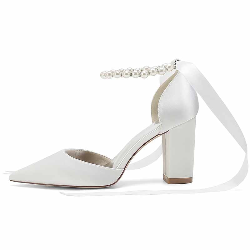 Closed toe lace up bridal shoes with pearl ankle strap and block heel