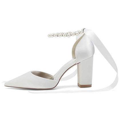 Closed toe lace up bridal shoes with pearl ankle strap and block heel