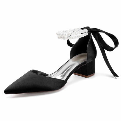 Elegant closed toe wedding heels for bride with pearl ankle strap and block heel