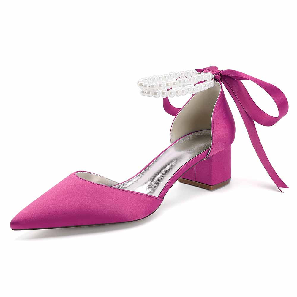 Pink Closed Toe Wedding Heels for Bride with Bow and Pearl Detail on the Heel