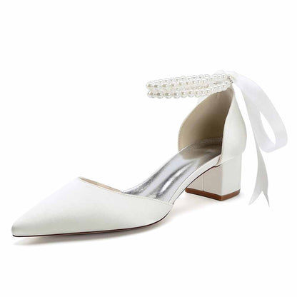 Elegant closed toe wedding heels for bride with pearl ankle strap and comfortable block heel