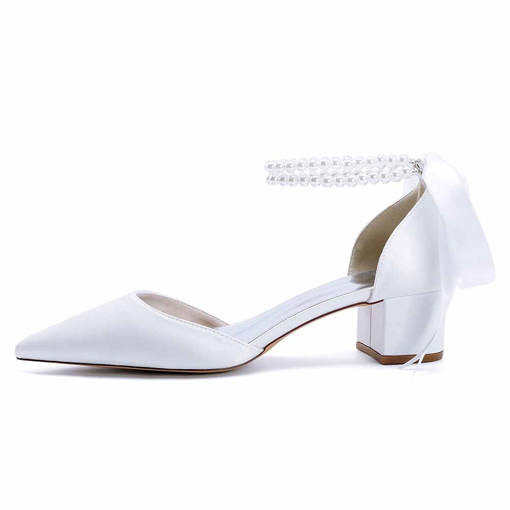 Elegant closed toe wedding heels for bride with ankle strap and pearl embellishments