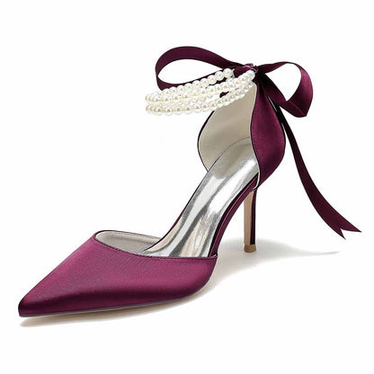 Burgundy closed toe wedding shoes with a pearl ankle strap and elegant high heel