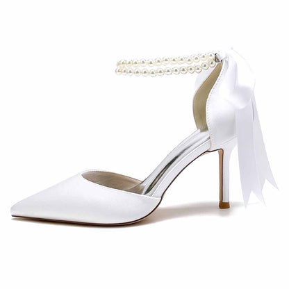 Elegant closed toe wedding shoes by S&DCo. featuring a pearl ankle strap and stylish ribbon detail