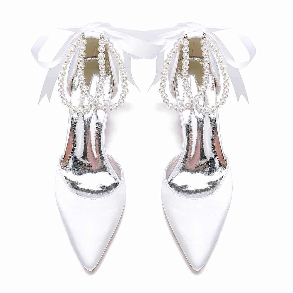 Elegant closed toe wedding shoes by S&DCo featuring pearl embellishments and ribbon detail