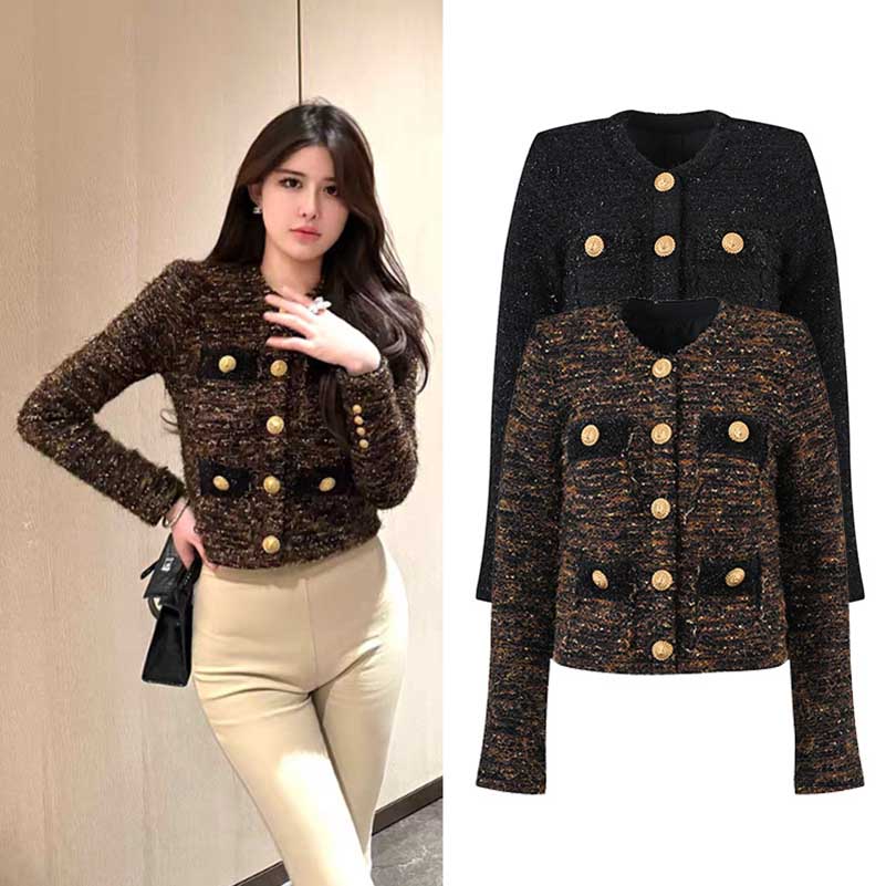 Women's Tweed Jacket Short Coat with Gold Buttons