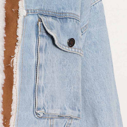 Women Denim Blue Lambswool Single Breasted Short Jacket