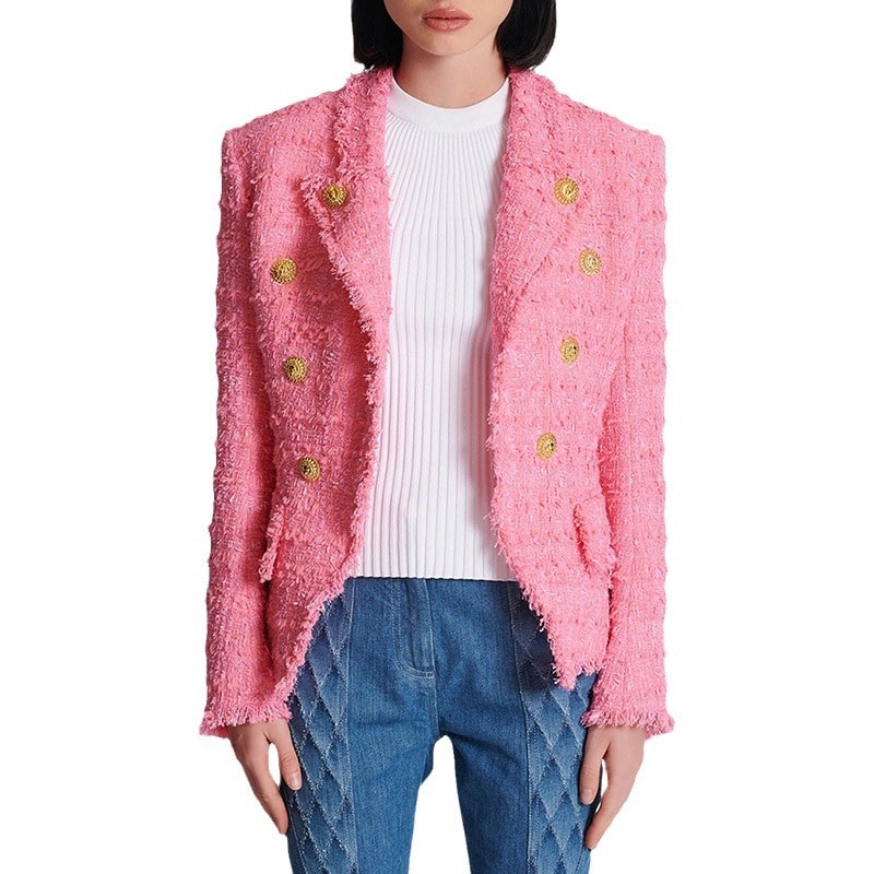 Pink 8 Button Tweed Jacket Breasted Blazer