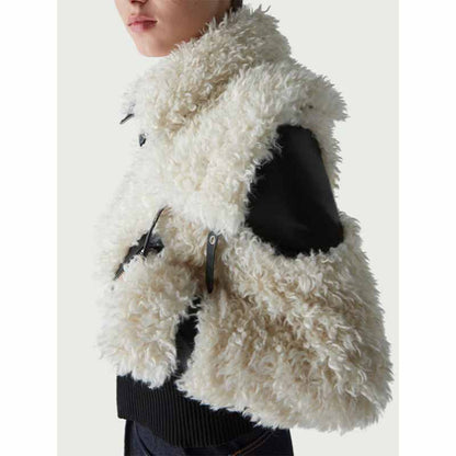 Women's Winter Coat Spliced PU Leather and Lambwoolen Outwaer Coat