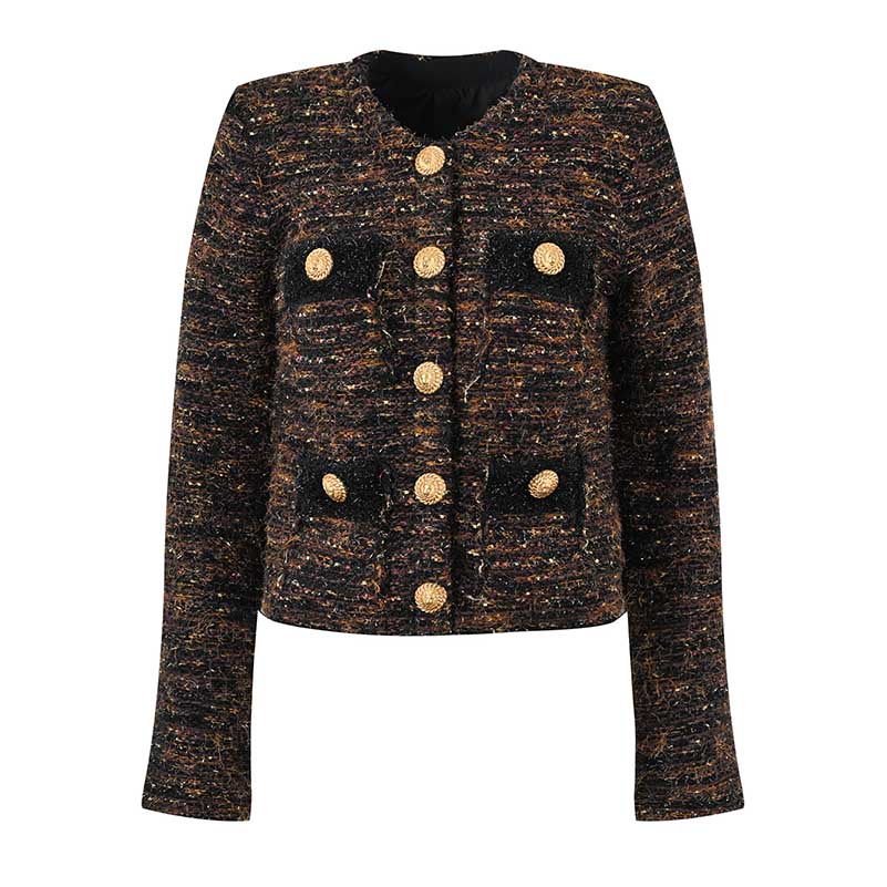 Women's Tweed Jacket Short Coat with Gold Buttons