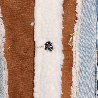 Women Denim Blue Lambswool Single Breasted Short Jacket