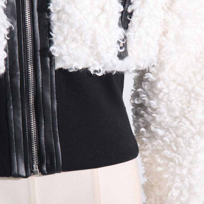 Women's Winter Coat Spliced PU Leather and Lambwoolen Outwaer Coat