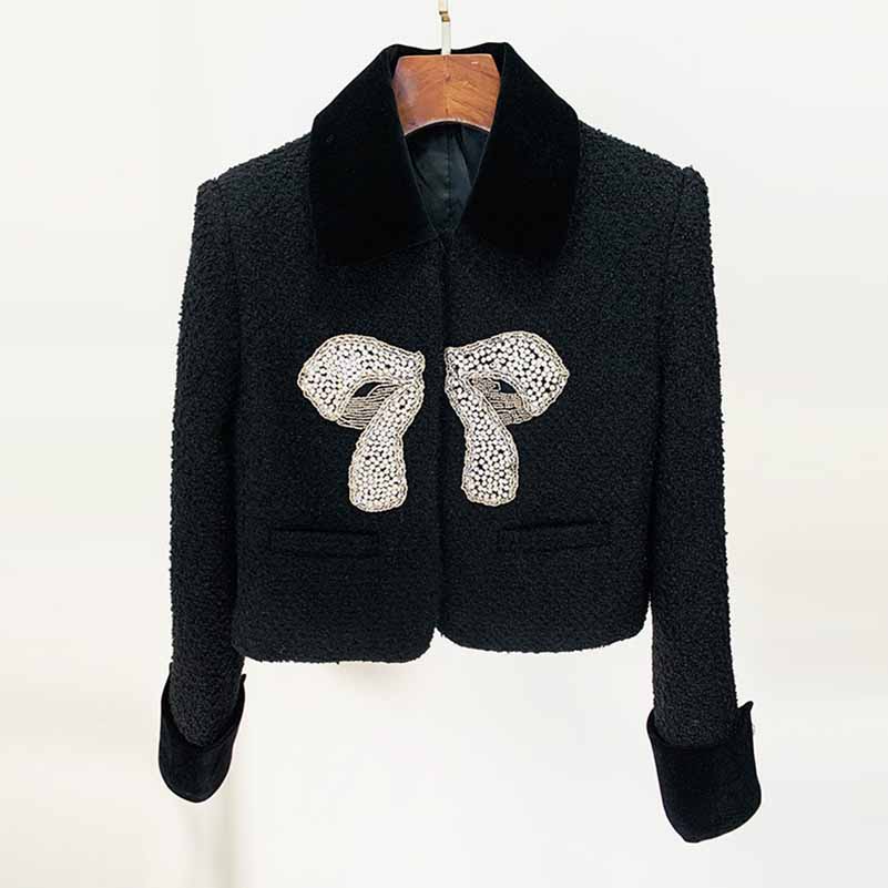 Women's winter coat woolen jacket With Bow knot studded bead short coat