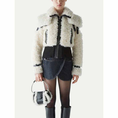 Women's Winter Coat Spliced PU Leather and Lambwoolen Outwaer Coat