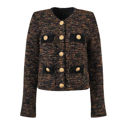 Women's Tweed Jacket Short Coat with Gold Buttons