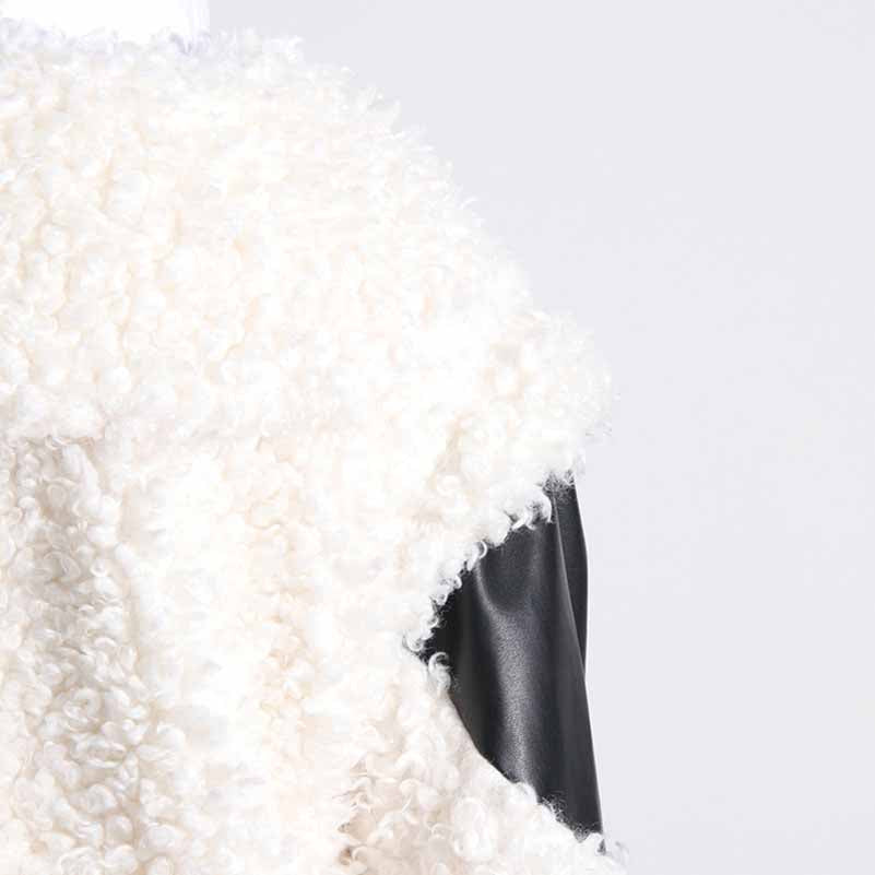 Women's Winter Coat Spliced PU Leather and Lambwoolen Outwaer Coat