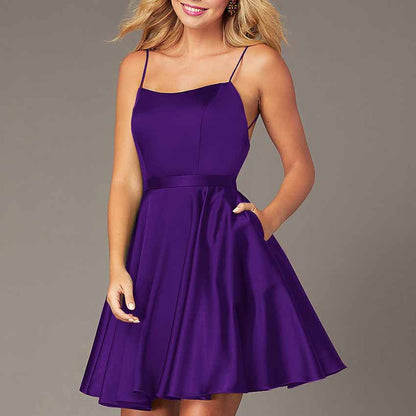 Womens Sleeveless Spaghetti Straps A-Line Mini Homecoming Dress Cocktail Dress