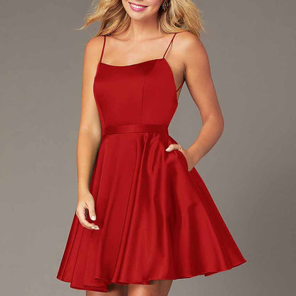 Womens Sleeveless Spaghetti Straps A-Line Mini Homecoming Dress Cocktail Dress