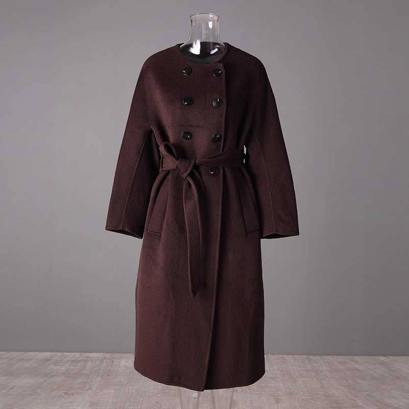 Stylish collarless double belted cashmere coat in dark brown with button details and belt for a modern look