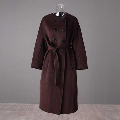Stylish collarless double belted cashmere coat in dark brown with button details and belt for a modern look
