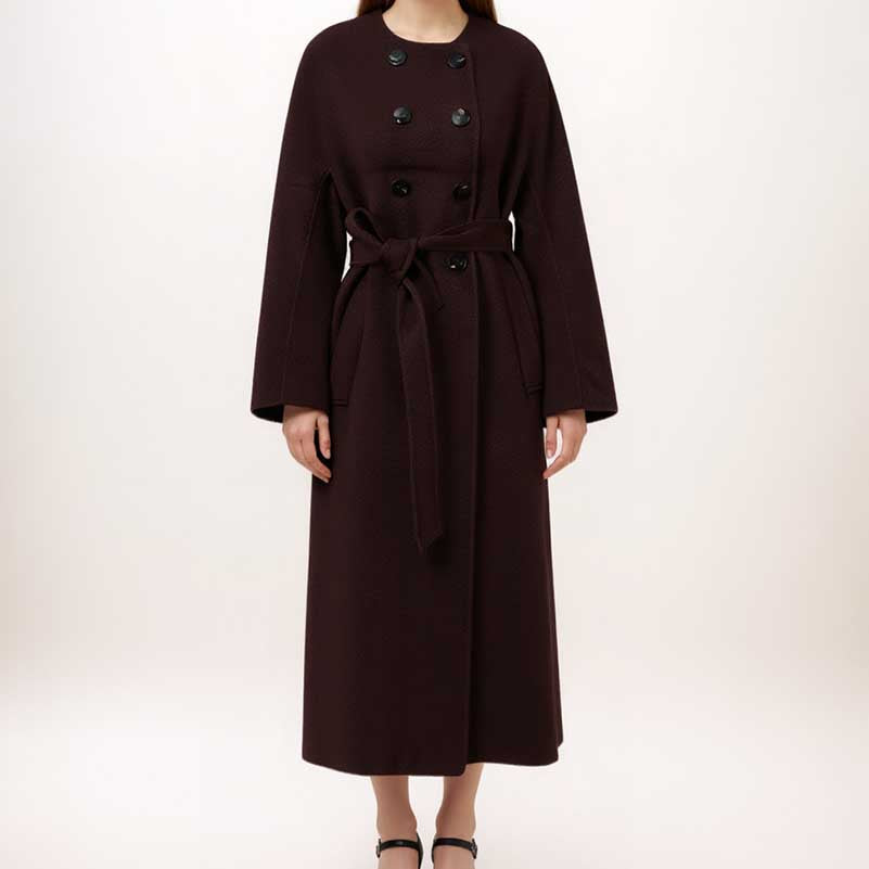 Stylish collarless double belted cashmere coat in deep burgundy with a relaxed fit