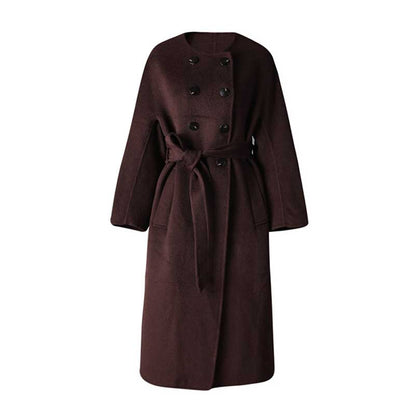 Collarless double belted cashmere coat in rich burgundy color with a stylish double-breasted design
