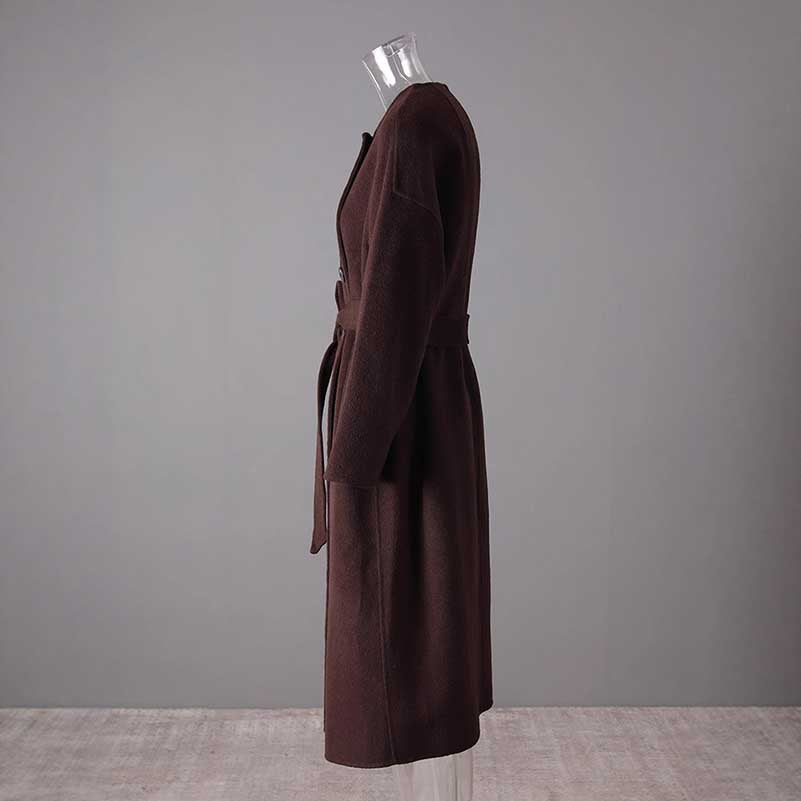 Elegant collarless double belted cashmere coat in rich burgundy color, perfect for stylish layering.