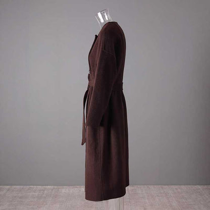 Elegant collarless double belted cashmere coat in rich burgundy color, perfect for stylish layering.