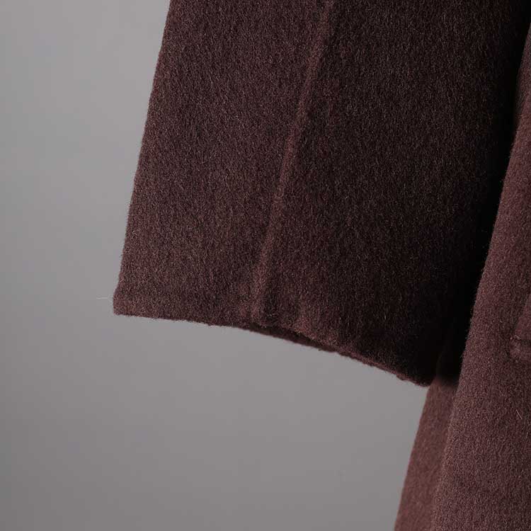 Stylish collarless double belted cashmere coat in rich brown with a modern design