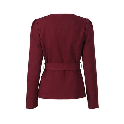 Back view of collarless women's midi skirt set with a tailored design and stylish belted waist in burgundy
