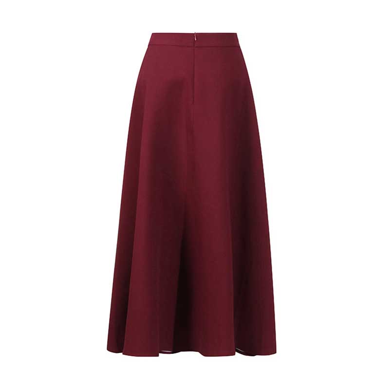 Burgundy collarless women's midi skirt set with a full skirt design for elegant styling