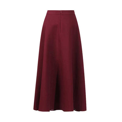 Burgundy collarless women's midi skirt set with a full skirt design for elegant styling