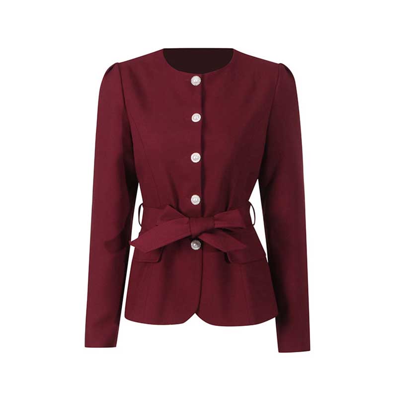 Burgundy collarless women's midi skirt set with a stylish bow accent and elegant button detailing