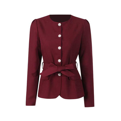 Burgundy collarless women's midi skirt set with a stylish bow accent and elegant button detailing