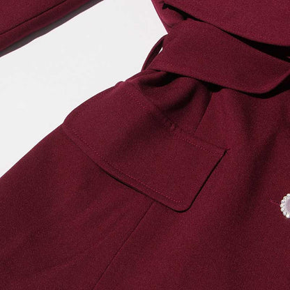 sd-hk collarless women's midi skirt set in burgundy with a stylish belt detail