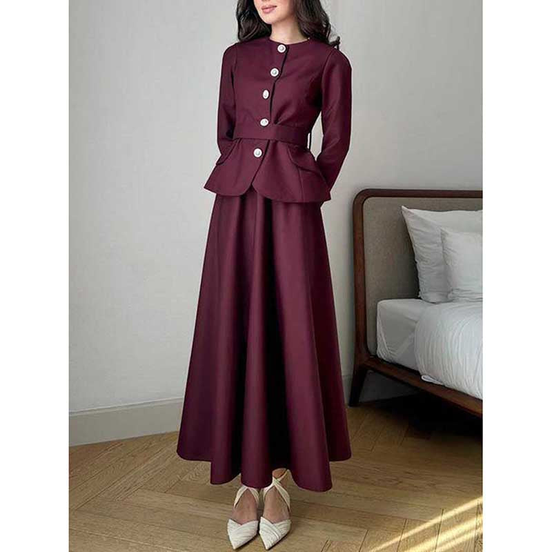 Elegant collarless women's midi skirt set in burgundy with a tailored jacket and full skirt