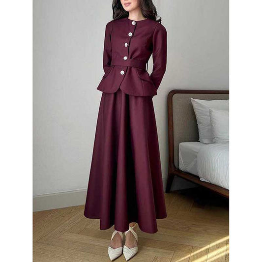 Elegant collarless women's midi skirt set in burgundy with a tailored jacket and full skirt