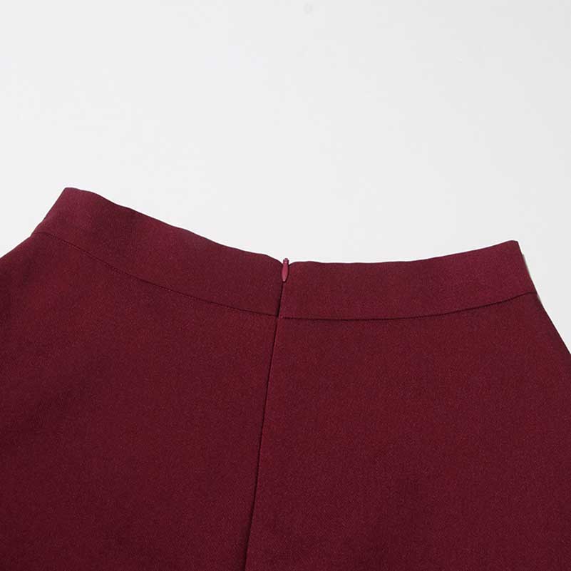 Back view of collarless women's midi skirt set in burgundy with a sleek design