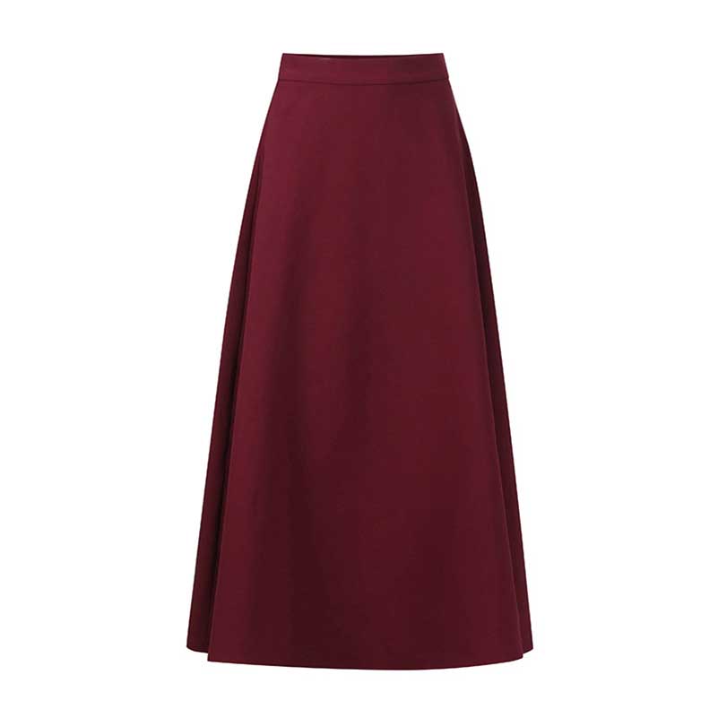 Burgundy collarless women's midi skirt set with a flattering A-line silhouette