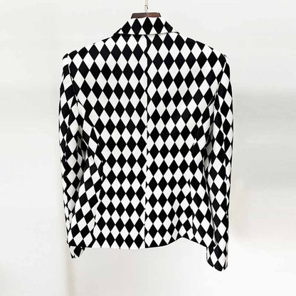 Womne's Black White Jacket Checkered Double Breasted Blazer