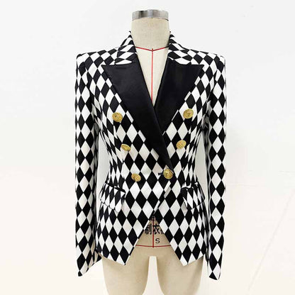 Womne's Black White Jacket Checkered Double Breasted Blazer