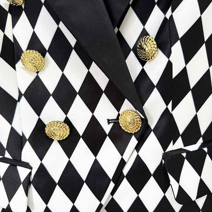 Womne's Black White Jacket Checkered Double Breasted Blazer