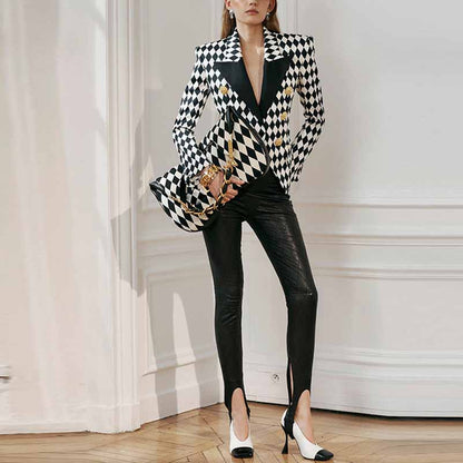 Womne's Black White Jacket Checkered Double Breasted Blazer