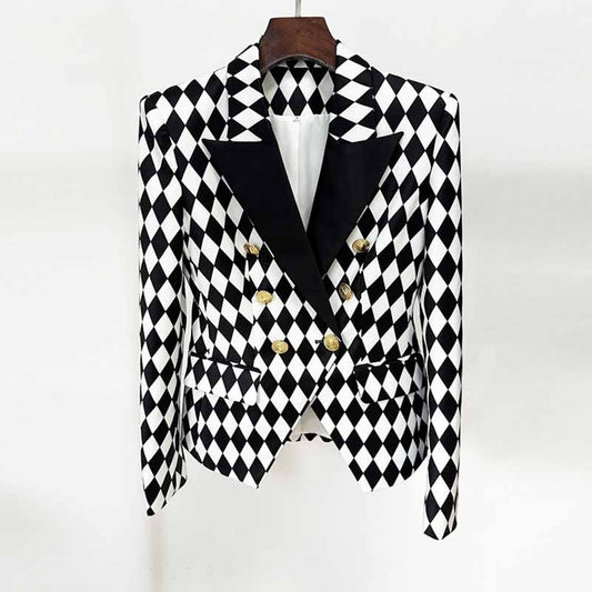 Womne's Black White Jacket Checkered Double Breasted Blazer