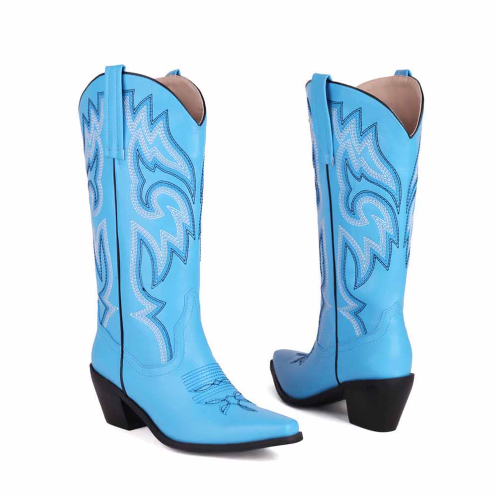 Colorful embroidered cowgirl boots in vibrant blue with stylish stitching details