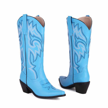 Colorful embroidered cowgirl boots in vibrant blue with stylish stitching details