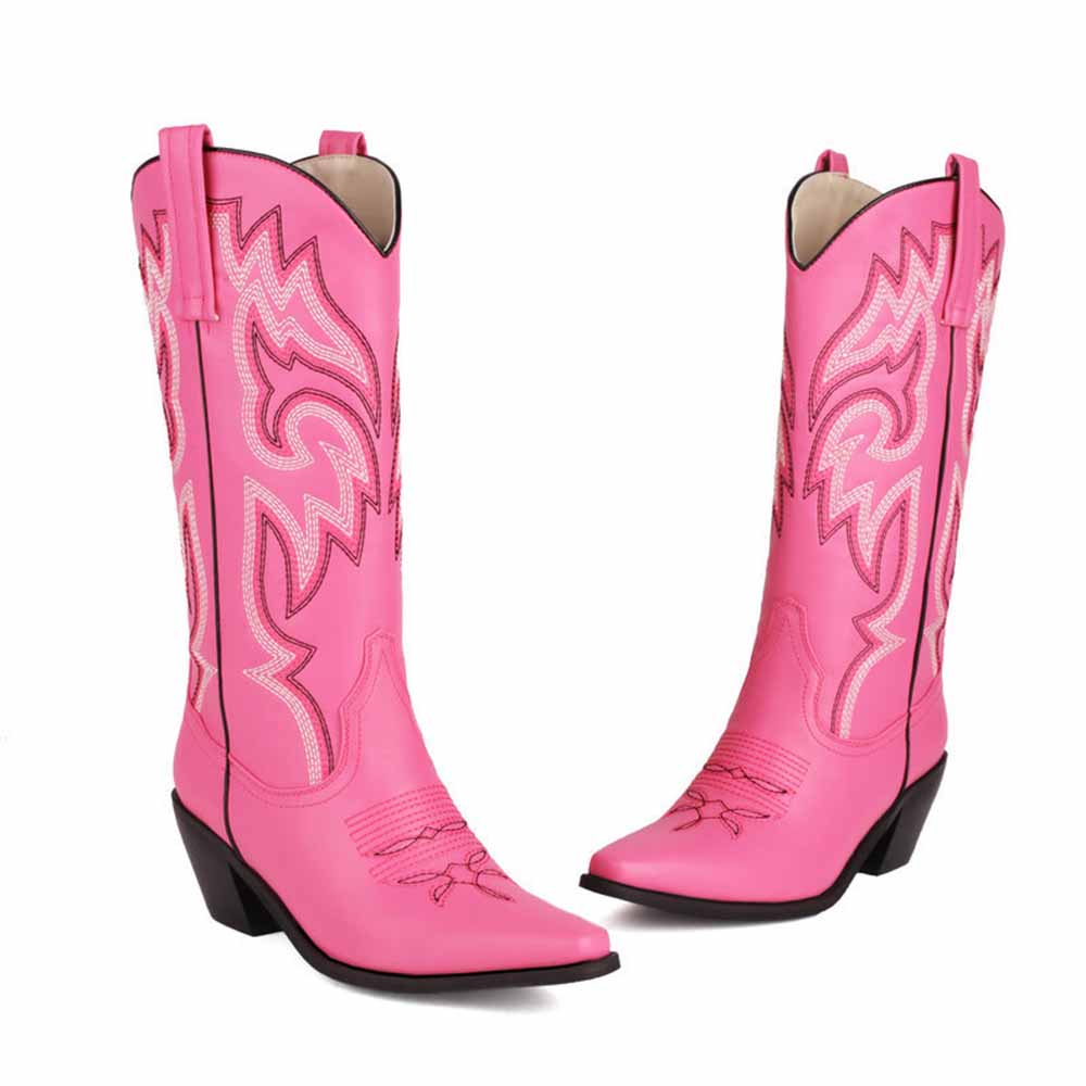Colorful embroidered cowgirl boots in pink with intricate design for stylish western outfits
