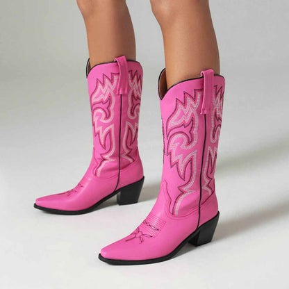 Colorful embroidered cowgirl boots in pink with decorative stitching for a trendy western style