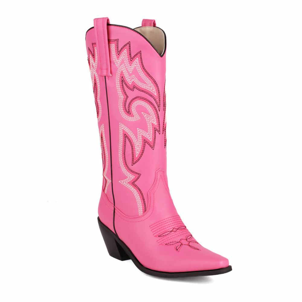 Colorful embroidered cowgirl boots in pink with intricate design and classic western style
